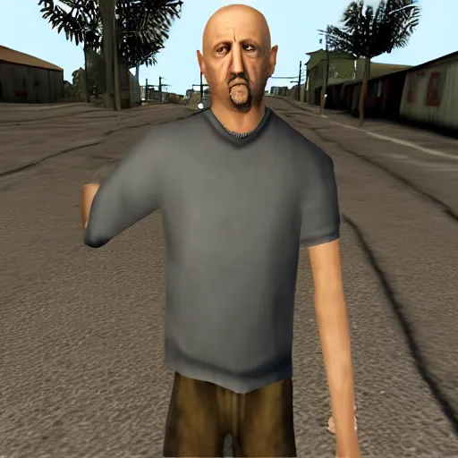 Prompt: Mike Ehrmantraut in GTA San Andreas, screenshot from the game, PS2 quality