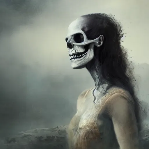 Image similar to an portrait of an woman with a skull face, Matte painting , detailed painting, made by Greg Rutkowski, 4k, atmospheric