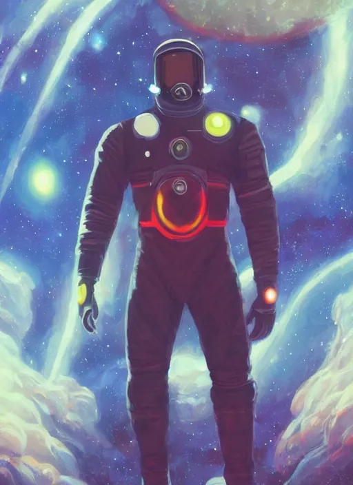 Prompt: cinematic medium shot of handsome black man in an advanced spacesuit in front of exploding nebulae halos, digital illustration trending on artstation by artgerm and rutkowski