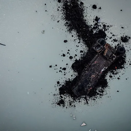 Image similar to airborne view, crashed cargo ship leaking mysterious black gooey liquid, mysterious black slime, black gooey liquid leaking out of crashed cargo ship, apocalyptic, ruined, container ship, crashed, 8 5 mm f / 1. 4