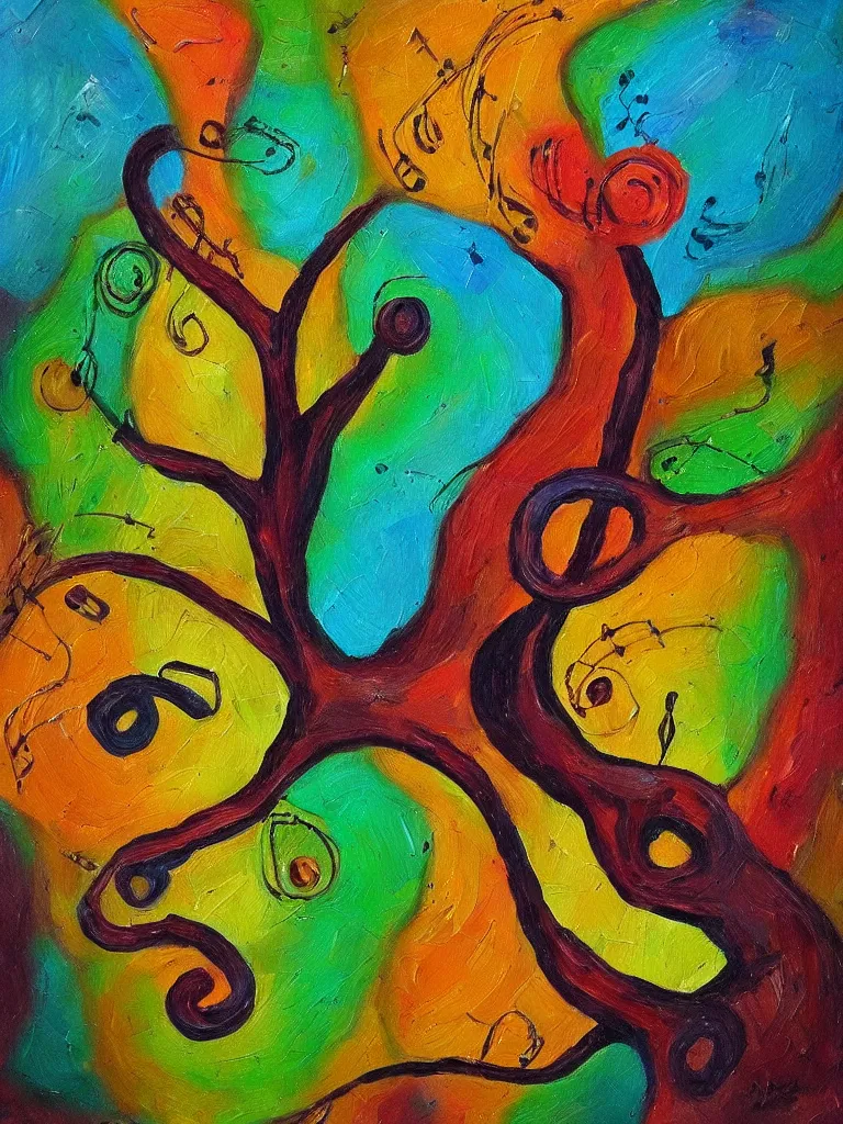 Prompt: an oil painting of an acorn that turns into a tree in the shape of a treble clef with a few scars on the tree, bursts of color, inspire and overcome