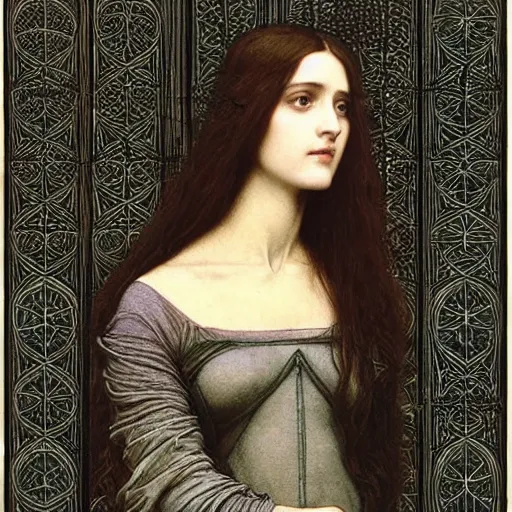 Image similar to Symmetric Pre-Raphaelite painting of a beautiful mystic woman with dark hair in a very detailed silk dark grey dress by John William Waterhouse, zoomed out, surrounded by a dark gothic frame of highly detailed mathematical drawings of neural networks and geometry by Doré, highly detailed mathematical drawings of geometry and neurons by HG Giger