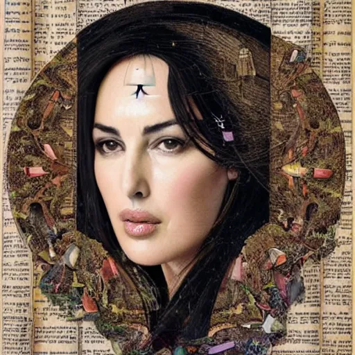 Prompt: a beautiful!!! portrait of Monica Bellucci, collage art of pages from alchemical grimoires, 8K, highly detailed, cryptic and mysterious, hypermaximalist, photorealistic