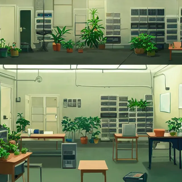 Image similar to an interior room with old pc computers stacked on the walls with potted plants, makoto shinkai