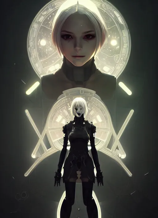 Image similar to symmetry portrait of a 2 from nier automata, sci - fi, tech wear, glowing lights intricate, elegant, highly detailed, digital painting, artstation, concept art, smooth, sharp focus, illustration, art by artgerm and greg rutkowski and alphonse mucha