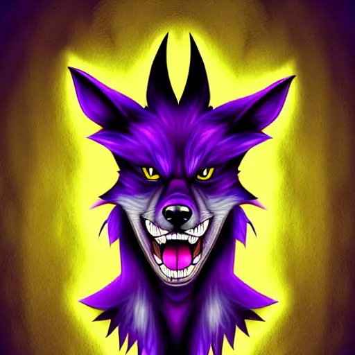 Image similar to digital art of an anthropomorphic muscular purple wolf, furry style, wearing jeans, deviant art, professional furry drawing, insanely detailed, artistic design, hyper detailed wolf - like face, doing a pose from jojo's bizarre adventure, detailed veiny muscles, exaggerated features, beautiful shading, huge spikey teeth, grinning, detailed face, colorful background