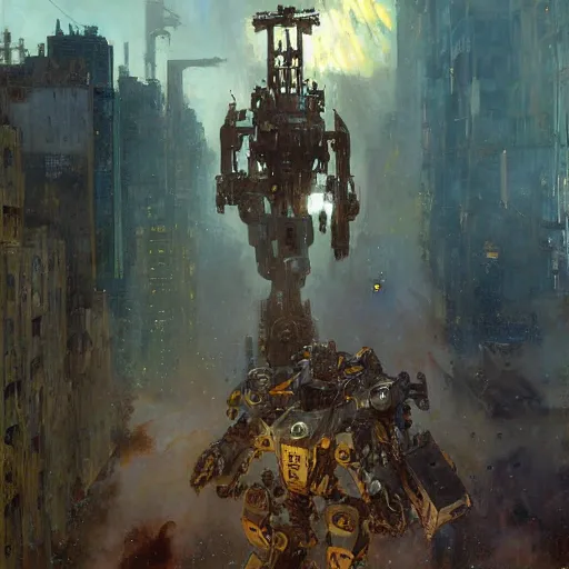 Image similar to six meters tall mech fighting in an urban environment, epic action scene, by gaston bussiere craig mullins jc leyendecker gustav klimt artgerm greg rutkowski john berkey, bergey, craig mullins, ruan jia, raymond swanland, jeremy mann, tom lovell, alex malveda, ray casting, hdr