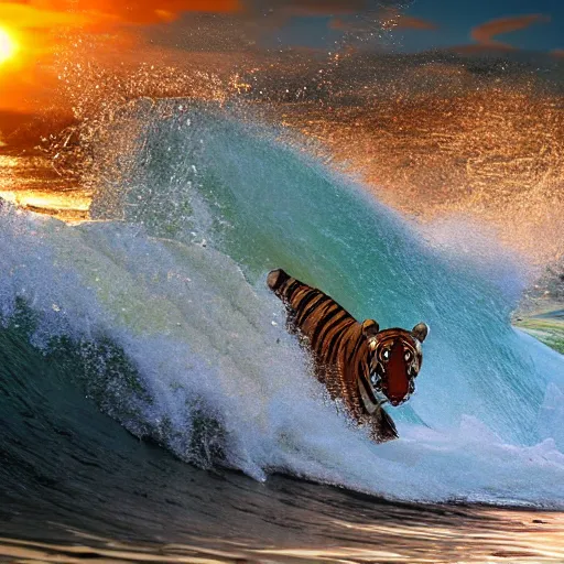 Image similar to a closeup photorealistic photograph of a happy cute tiger hippopotamus riding a large wave during sunset. surf in the background. professional capture. brightly lit scene. this 4 k hd image is trending on artstation, featured on behance, well - rendered, extra crisp, features intricate detail, epic composition and the style of unreal engine.