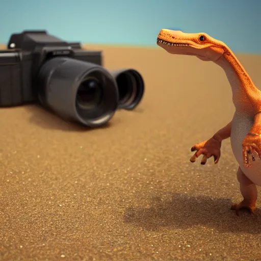 Prompt: photography, 3 d render, a cellphone dinosaur, sand