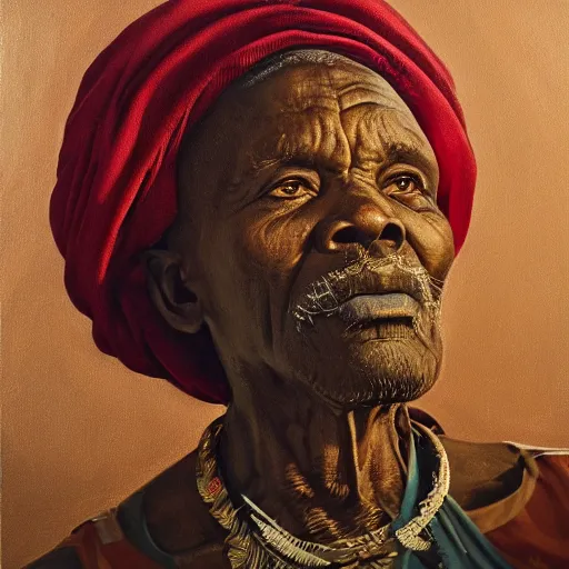 Image similar to a painting of a wise elder from Kenya by Kehinde Wiley . dramatic angle, ethereal lights, details, smooth, sharp focus, illustration, realistic, cinematic, artstation, award winning, rgb , unreal engine, octane render, cinematic light, macro, depth of field, blur, red light and clouds from the back, highly detailed epic cinematic concept art CG render made in Maya, Blender and Photoshop, octane render, excellent composition, dynamic dramatic cinematic lighting, aesthetic, very inspirational, arthouse.