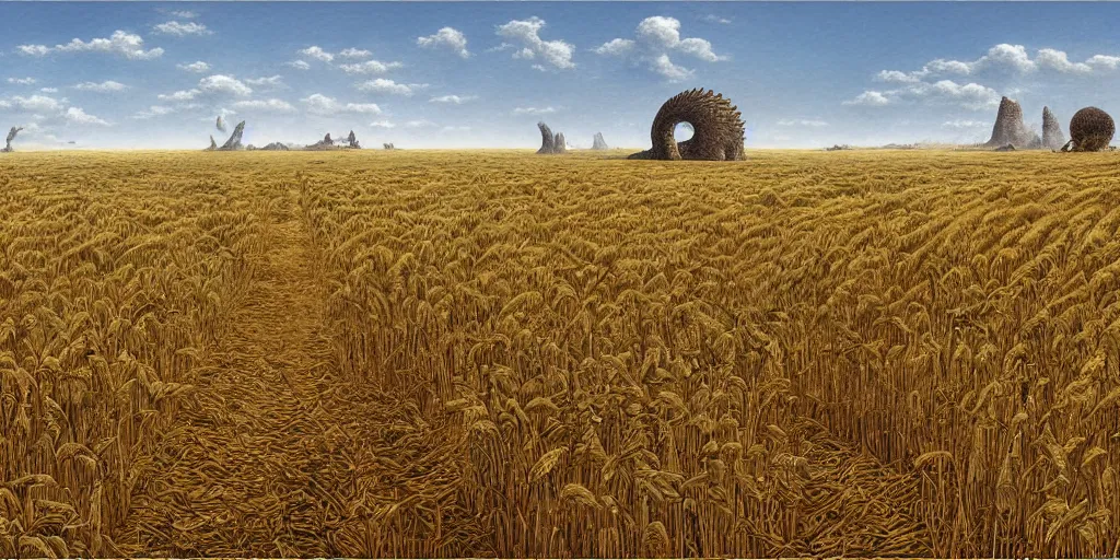 Prompt: Fantastical open landscape by Ted Nasmith, giant dragon skeleton, town, wheat fields, digital painting, concept art, landscape