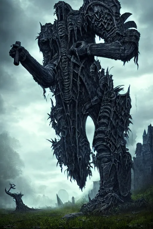 Prompt: post - gothic giant creepy chimera, exoskeleton armor, attacking with axe, dystopian ruins covered in vegetation, highly detailed smooth digital art masterpiece, vitaly bulgarov giger dramatic dark blue light, ground angle hd 8 k, sharp focus