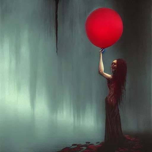 Image similar to grunge painting of a waterfall with a wide smile and a red balloon by Zdzisław Beksiński, loony toons style, pennywise style, corpse bride style, creepy lighting, horror theme, detailed, elegant, intricate, conceptual, volumetric light