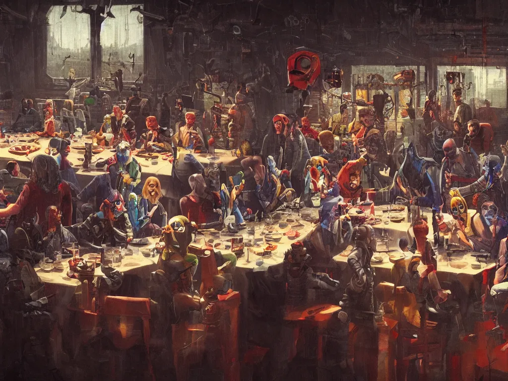 Prompt: the last supper with punks, criminals and robots in a painting from stalenhag, 4 k, 8 k, hdr, artstation, concept art