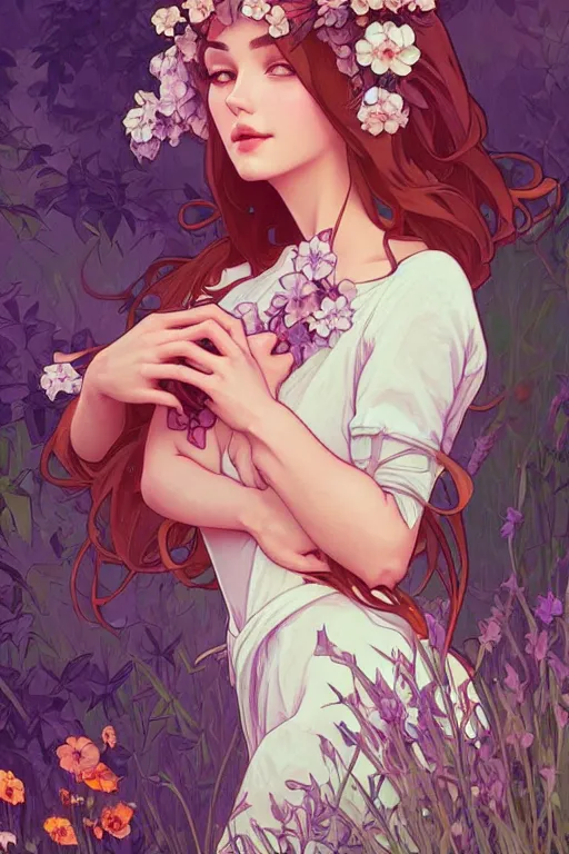 Image similar to A beautiful woman with fox ears in a garden, highly detailed, digital painting, artstation, concept art, smooth, sharp focus, illustration, art by artgerm and alphonse mucha, high definition digital art, in the style of Ross tran and ilya kuvshinov