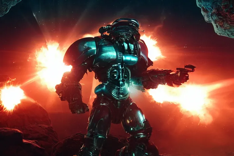 Image similar to VFX movie of a futuristic inhuman alien spacemarines in future spaceship, firing gun at space pirates detailed creature skin neon lighting combat by Michael Bay