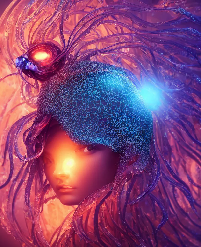 Image similar to close-up macro portrait of the face of a beautiful princess, epic angle and pose, symmetrical artwork, 3d with depth of field, blurred background, cybernetic jellyfish female face skull phoenix bird, translucent, nautilus, energy flows of water and fire. a highly detailed epic cinematic concept art CG render. made in Maya, Blender and Photoshop, octane render, excellent composition, cinematic dystopian brutalist atmosphere, dynamic dramatic cinematic lighting, aesthetic, very inspirational, arthouse. y Greg Rutkowski, Ilya Kuvshinov, WLOP, Stanley Artgerm Lau, Ruan Jia and Fenghua Zhong