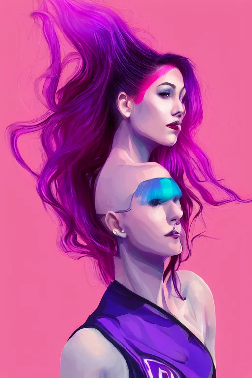 Image similar to a award winning half body porttrait of a beautiful woman in a croptop with ombre purple pink teal hairstyle with head in motion and hair flying, outrun, vaporware, shaded flat illustration, digital art, trending on artstation, highly detailed, fine detail, intricate