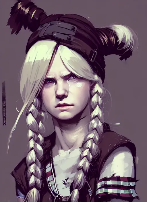 Image similar to highly detailed closeup portrait of a sewer punk swedish female barbarian student, tartan garment, blonde hair pigtails with headband by atey ghailan, by greg rutkowski, by greg tocchini, by james gilleard, by joe fenton, by kaethe butcher, gradient sapphire, black, brown and white color scheme, grunge aesthetic!!! white graffiti tag wall background