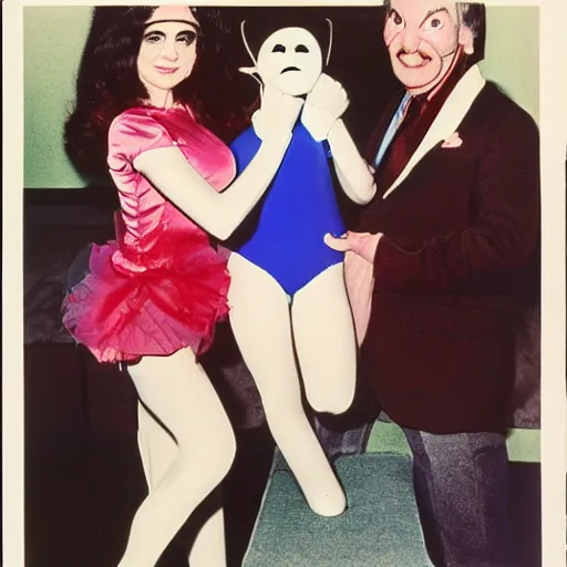 Image similar to 1976 woman wearing an inflatable plastic nose, soft color, wearing a leotard 1976 holding a hand puppet, color film 16mm Almodovar John Waters Russ Meyer Doris Wishman old photo