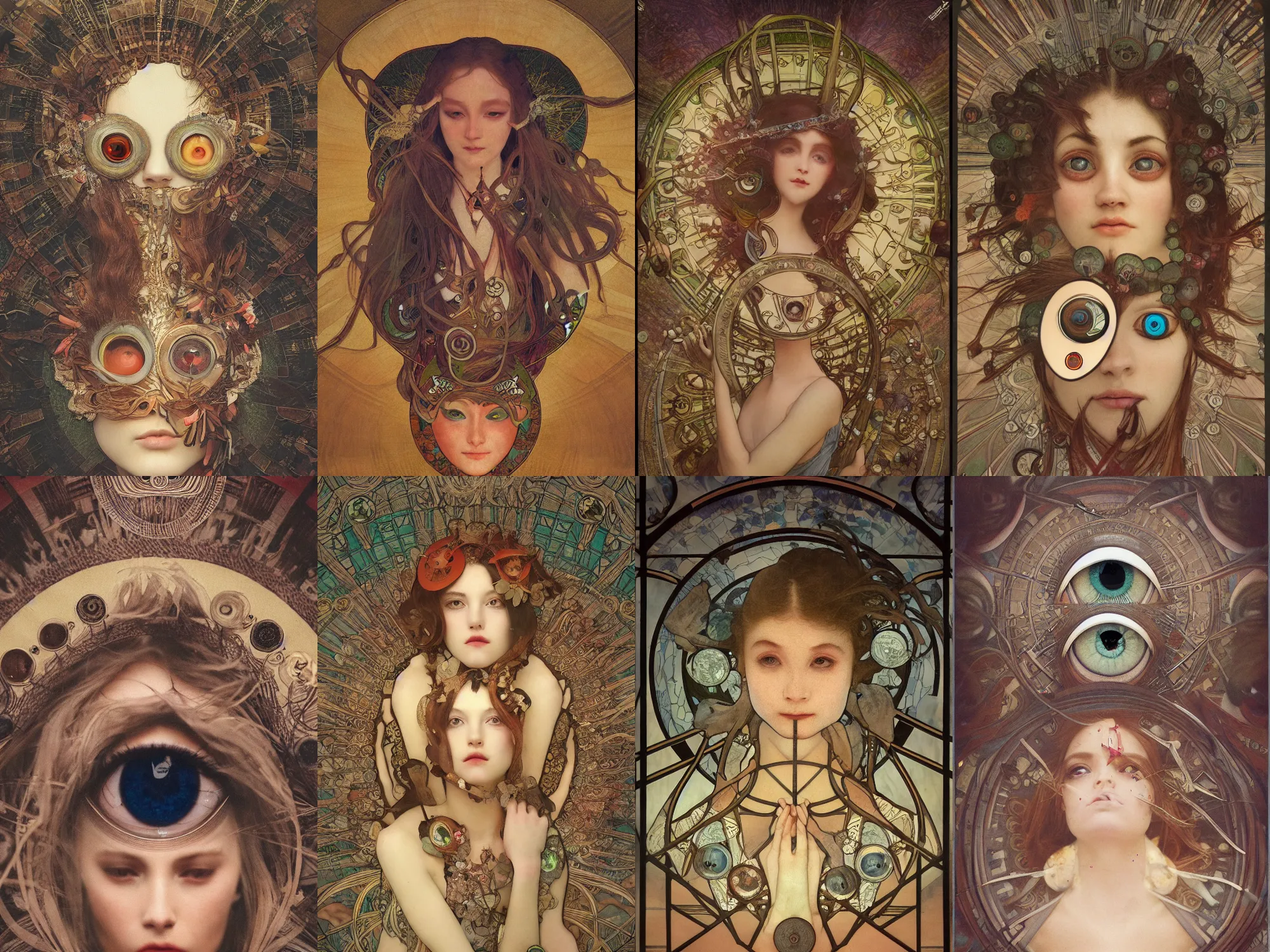 Prompt: too many eyes, eyeballs, floating eyestem photography by mucha, extremely coherent, sharp focus, elegant, render, octane, detailed, award winning photography, masterpiece, rim lit