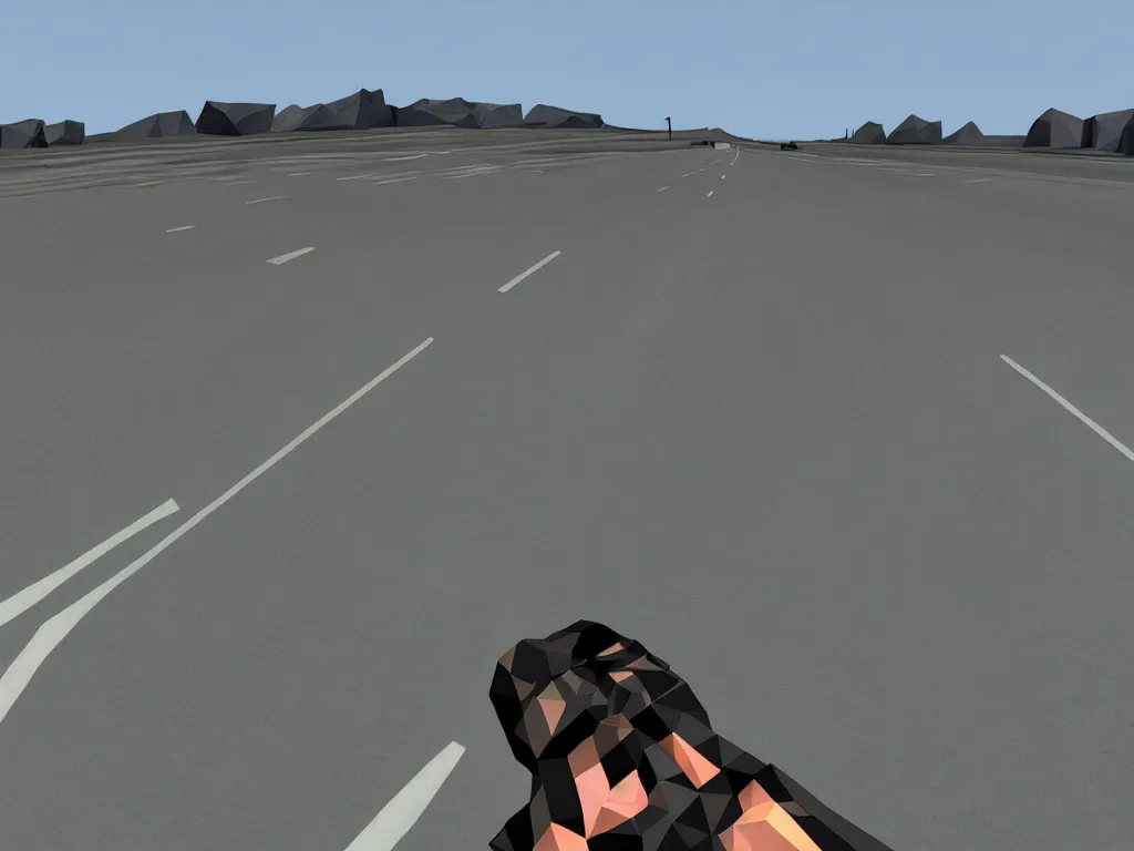 Image similar to Lost Highway as a PS1 first person video game, low poly
