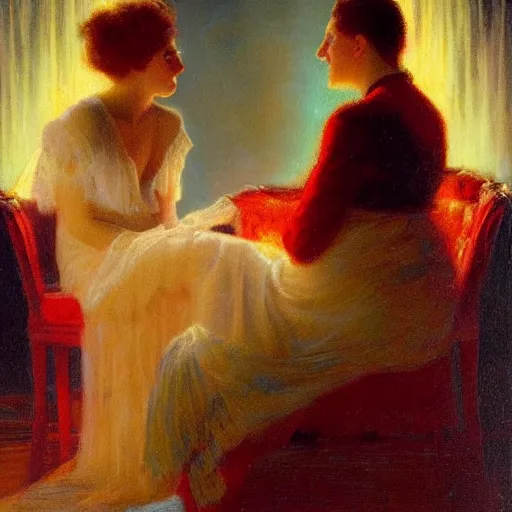 Prompt: two people talking :: by Delphin Enjolras :: oil on canvas