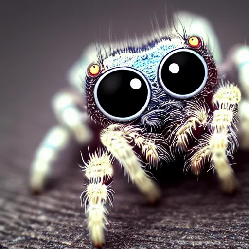 Prompt: a jumping spider pressing his tiny keyboard keys, by pixar, macro lens, iridescent, character concept art grid