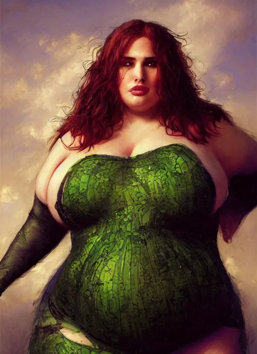 Prompt: A beautiful portrait of 400-pound obese Natalie Portman as 400-pound obese Poison Ivy from Batman movie, digital art by Eugene de Blaas and Ross Tran, vibrant color scheme, highly detailed, in the style of romanticism, cinematic, artstation, Greg rutkowski