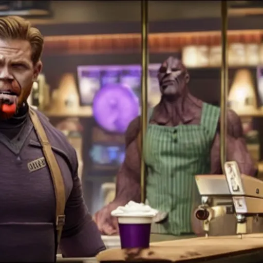 Prompt: film still of Thanos working as a Starbucks barista in Infinity War