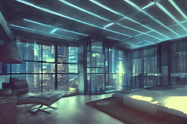 Image similar to futuristic bedroom, brutalist, ceiling high windows, cyberpunk, cityscape, neon lights, night, raining, volumetric light