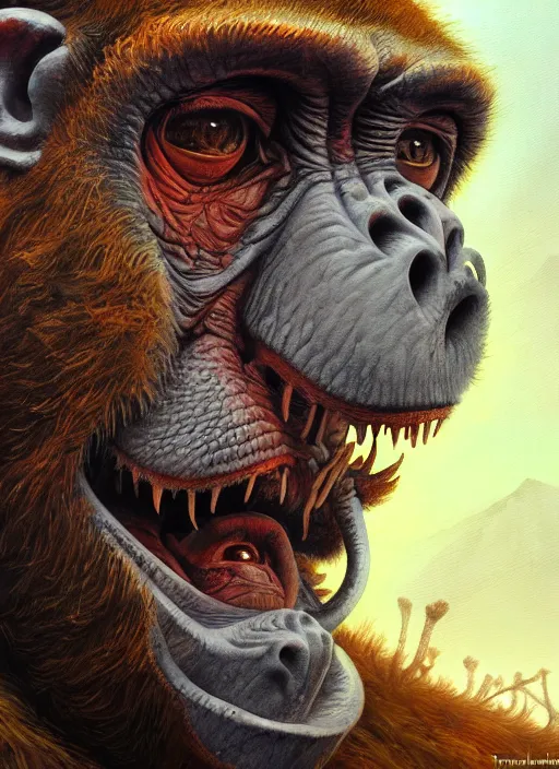 Image similar to close up portrait of a monkey monster in the mountains of hell, oil painting by tomasz jedruszek, cinematic lighting, pen and ink, intricate line, hd, 4 k, million of likes, trending on artstation