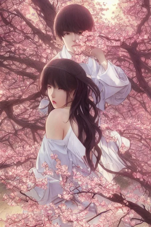 Image similar to beautiful cottagecore anime BTS k-pop band, phone wallpaper. intricate, elegant. the background is cherry blossoms !. highly detailed, digital painting, artstation, concept art, smooth, sharp, focus, illustration. . art by artgerm and greg rutkowski and alphonse mucha, in the style of japanese manga