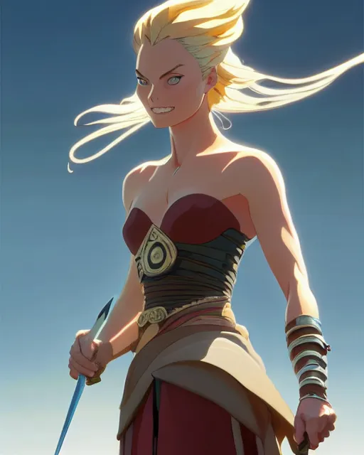 Image similar to azctec warrior, margot robbie, detailed perfect face, exquisite details, fire magic, mid view, design on a white background, by studio muti, greg rutkowski makoto shinkai takashi takeuchi studio ghibli