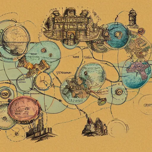 Image similar to imaginary map of a fantacy world, different realms, mobile game art, blueprint, infographic, vintage theme, on paper, natural colors, with notes, highly detailed, hyper realistic