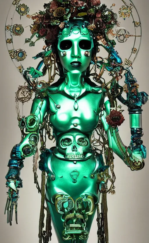 Image similar to a young beautiful latina metal and ceramic android with a large glowing green crystal in the center of her chest, full-body bronze cyberpunk style statue of Andromeda with glowing sapphire laser eyes, crown of mechanical chrysanthemums, flowing aqua silk, fabric, steampunk flowers. baroque elements, human skull. full-length view. baroque element. intricate artwork by caravaggio. many flying horses on background. Trending on artstation, octane render, cinematic lighting from the right, hyper realism, octane render, 8k, depth of field, 3D