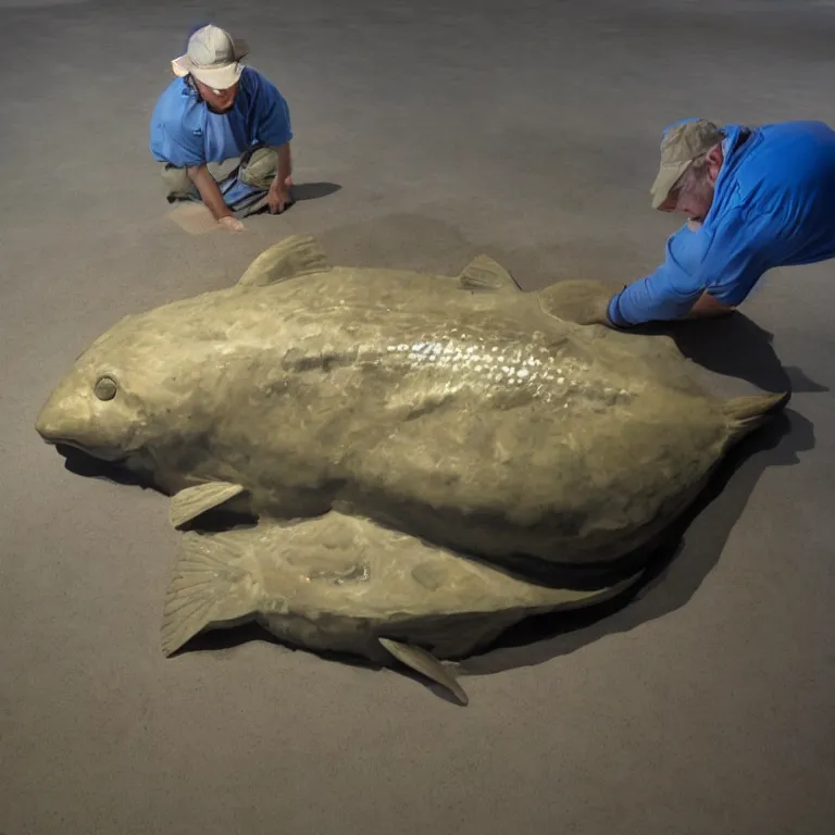 Image similar to hyperrealistic sculpture of a bronze fossilized flounder halibut emerging from a gridded blue silicone and latex pedestal by ron mueck and duane hanson and lee bontecou, hyperrealistic dramatic colored lighting trending on artstation 8 k