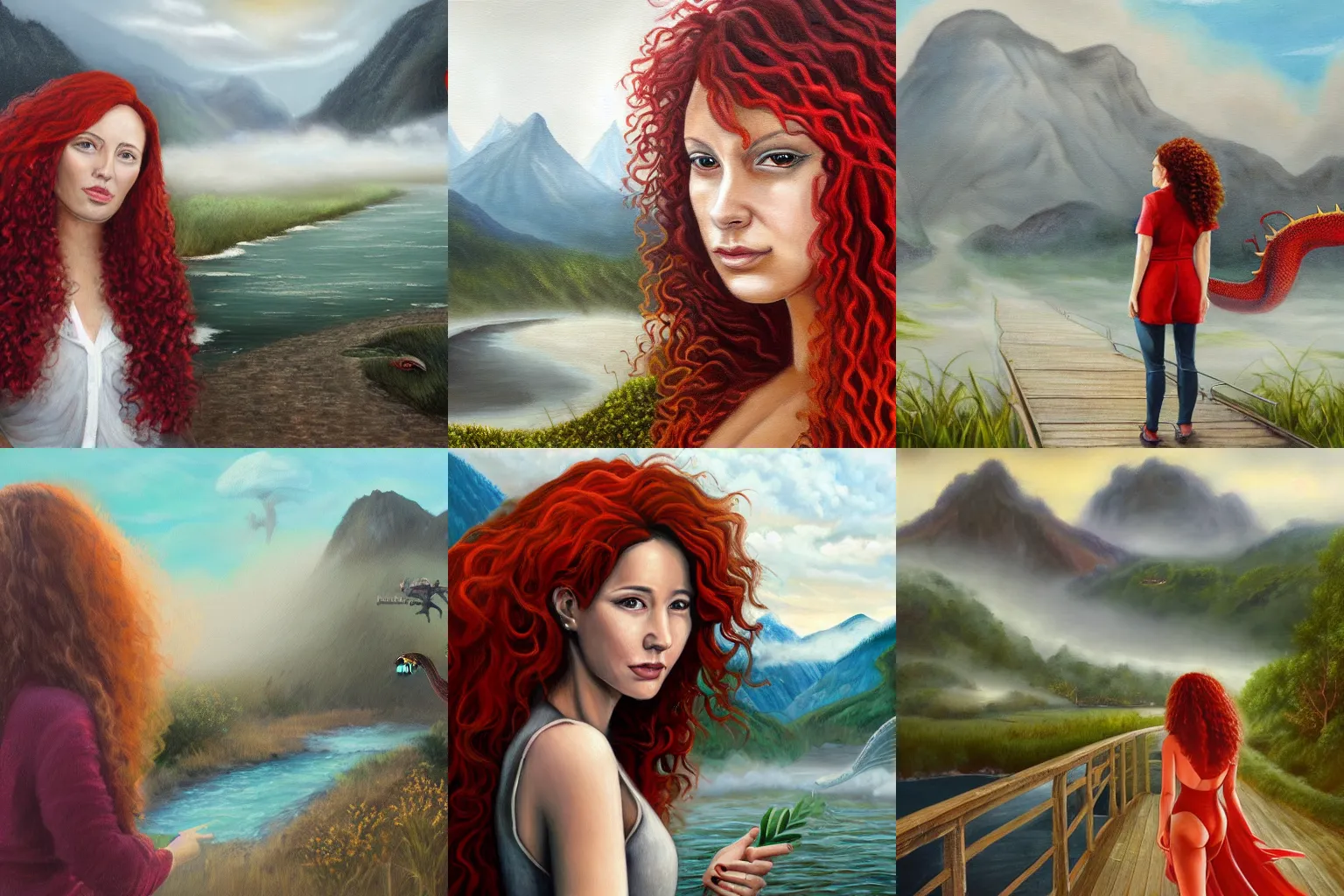 Prompt: a realistic painting of a woman with curly long red hair standing in a boardwalk besides a river looking at a dragon in the mountains covered by a fog in a thunderous weather