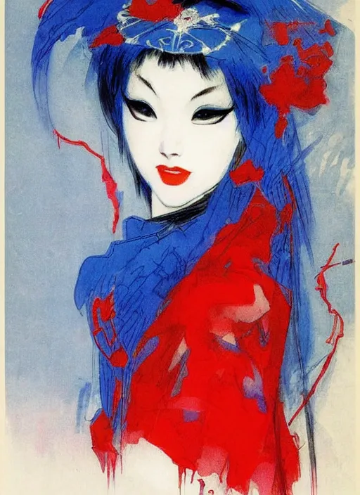 Prompt: portrait of mighty korean vampiress, jeweled veil, blue and red, strong line, saturated color, beautiful! coherent! by frank frazetta, high contrast, minimalism