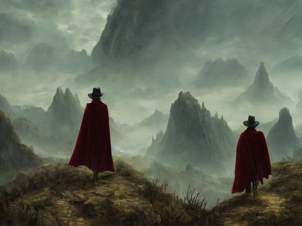 Prompt: a man in a cloak and a brimmed hat with a staff is wandering trough the mountains on an alien planet in the style of neo-romanticism