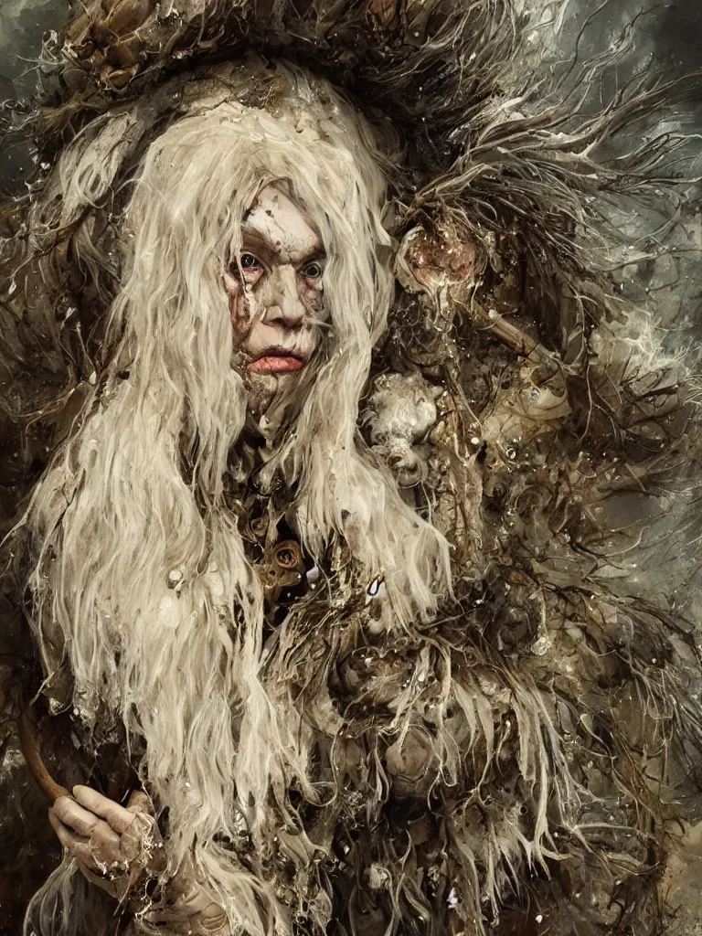 Image similar to splatterpunk portrait of an old witch with cream coloured hair wearing a heavy dark feathered and fur lined cloak in a cloistered woodland, James Gleeson inspired, golden accents, face, fantasy, intricate, highly detailed, digital painting, artstation, concept art, smooth, sharp focus, illustration, art by Wei Fan and Fernanda Suarez and Artem Demura and alphonse mucha