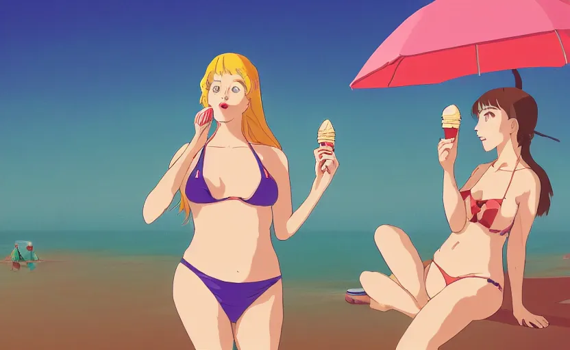 Prompt: a woman eating a vanilla ice cream cone and wearing a bikini, a Studio Ghibli style scene, digital art, 4k