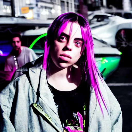 Image similar to billie eilish in the street, explosion of neon lights