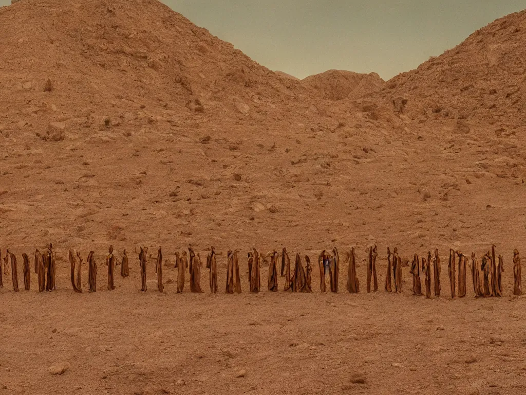 Image similar to the line of bene gesserit people in full - face golden glowing masks in a dry rocky desert landscape, alien spaceship in the sky, ancient abandoned city beneath the sand, by christopher doyle and alejandro jodorowsky, anamorphic lens, kodakchrome, cinematic composition, very detailed photo, 8 k,