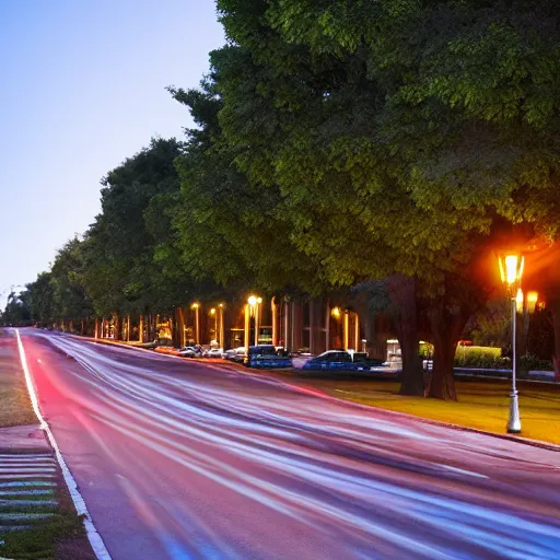 Image similar to avenue, median with trees, uptown neighborhood, neighborhood, liminal space, traffic lights, blue hour