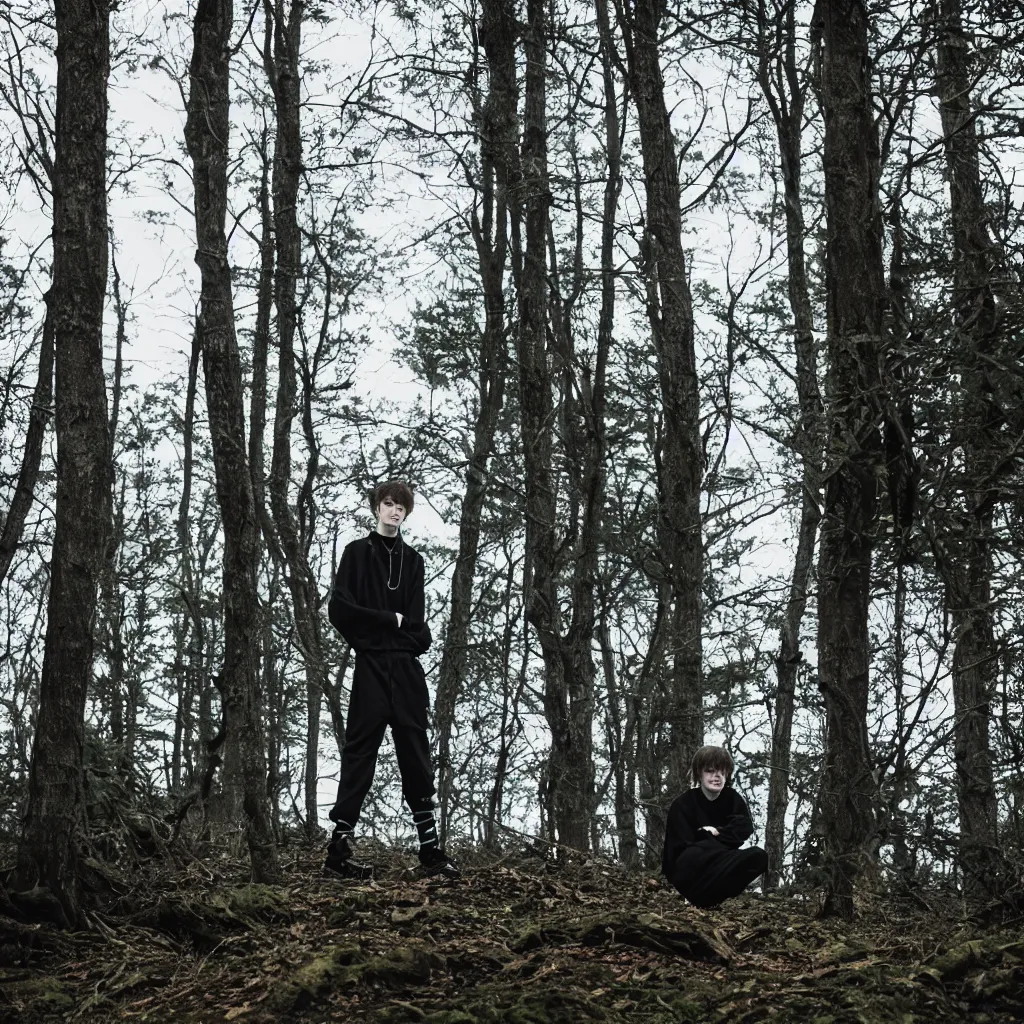 Image similar to cinematic still of bladee in dark forest, XF IQ4, f/1.4, ISO 200, 1/160s, 8K, RAW, dramatic lighting, symmetrical balance, in-frame