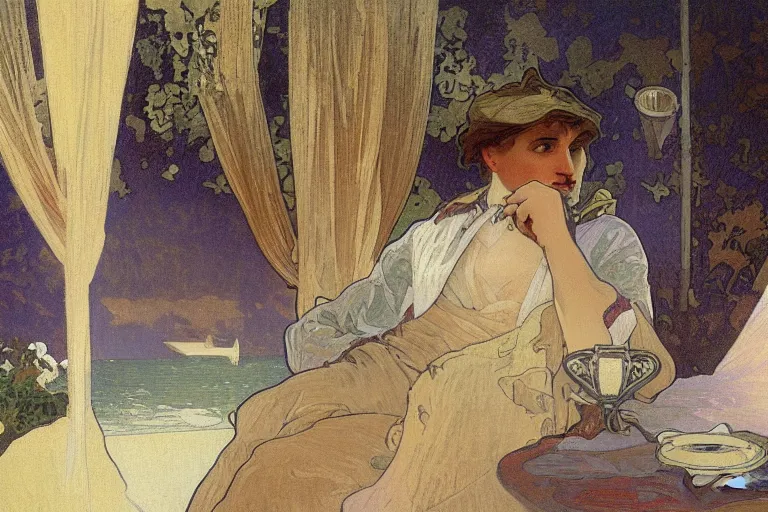 Image similar to a matte painting of a man sitting down and having a cup of tea in his house by the beach, by alphonse mucha, muted colors