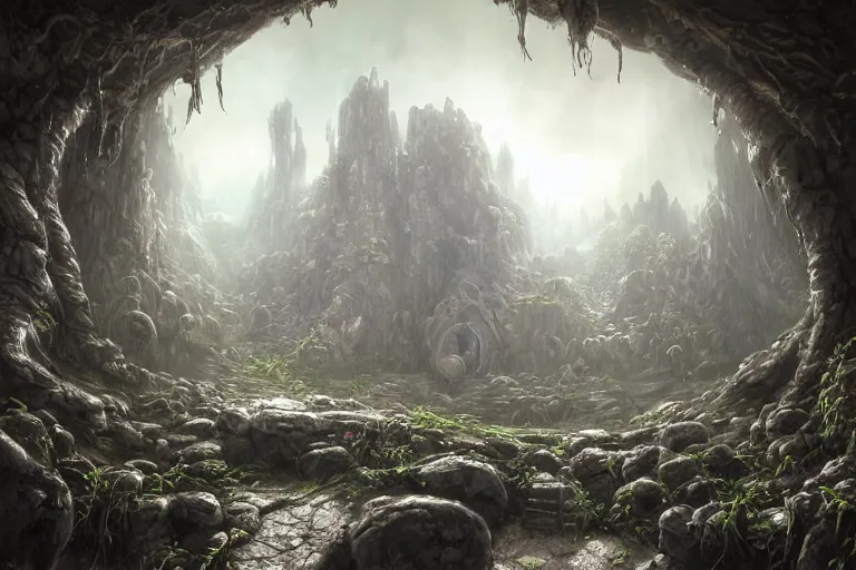 Prompt: A hyper realistic detailed matte painting of the entrance to a dungeon of the maw at the base of a psychedelic monolith, dramatic lighting, dynamic lighting, cinematic lighting, lit by morning light, by Raphael Lacoste and John Howe and Jonathan Berube, unreal engine, featured on artstation, ultrawide angle, polarizer filter, crowd of mushrooms