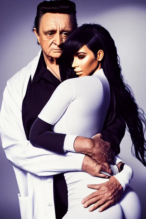 Image similar to johnny cash hugging kim kardashian, centered full body shot, full pov, kim wearing skintight nurse outfit, real photo, photoshooting, studio light, hospital background, intricate, epic lighting, cinematic composition, hyper realistic, 8k resolution, unreal engine 5