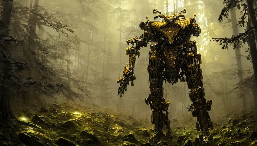 Image similar to large walking mech covered in gold and silver armor with elden ring aesthetic, covered in moss and birds, glowing lights, beautiful forests and trees, intricate detail, epic wallpaper, art by darek zabrocki and John Park and Feng Zhu and Jason Chan, trending on artstation, masterpiece.